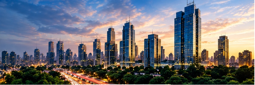 City skyline at dusk